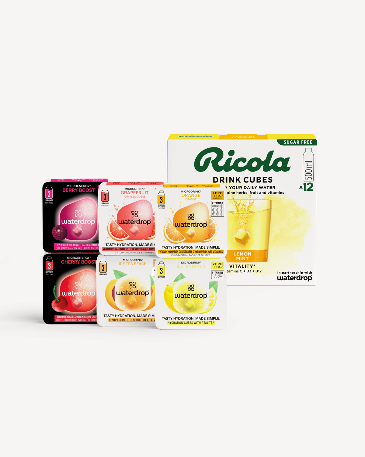 waterdrop® x Ricola Taster Set mit Microdrink- und Ricola-Würfeln.