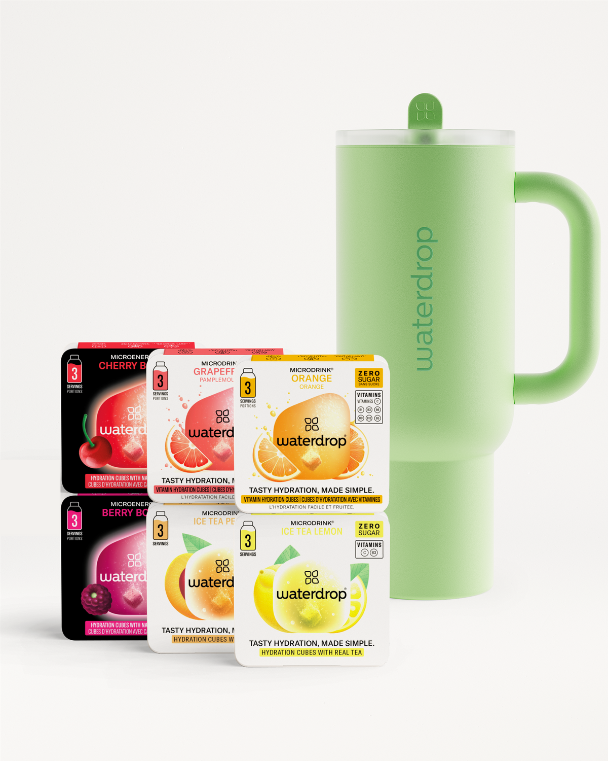 Starter Set Explorer Thermo Tumbler mit 6 Waterdrop Microdrink-Sorten.